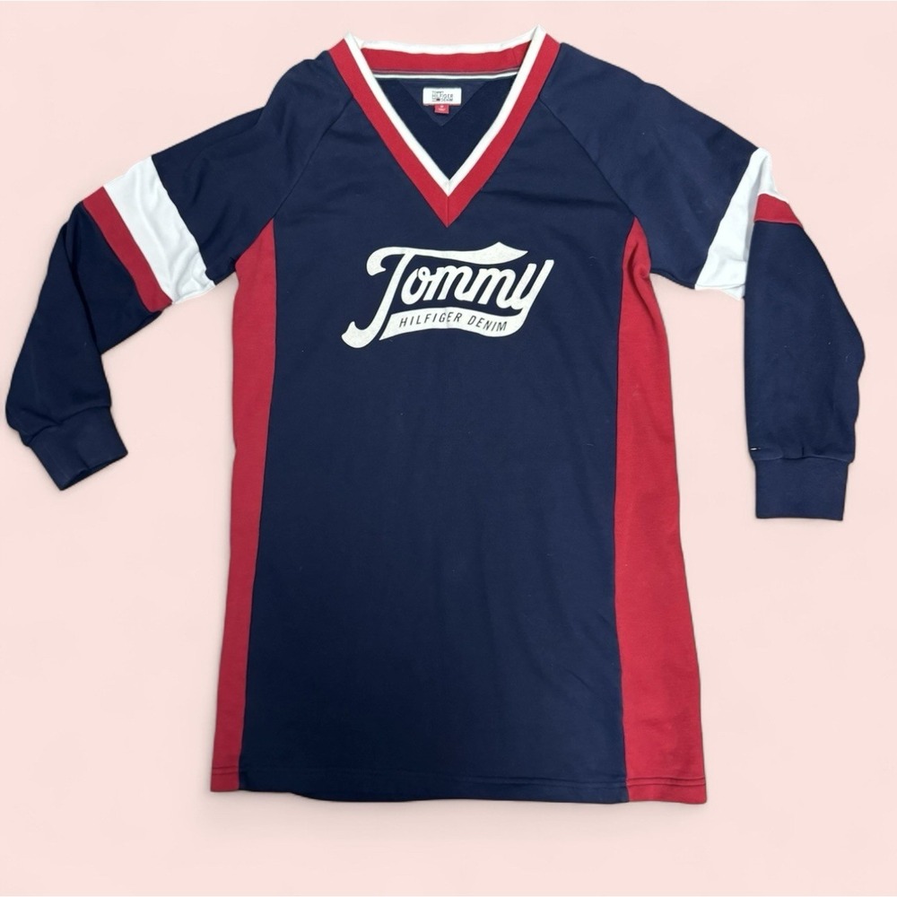 Tommy Hilfiger Denim Rugby Sweatshirt Dress Navy Red White V-Neck Retro Y2K M
